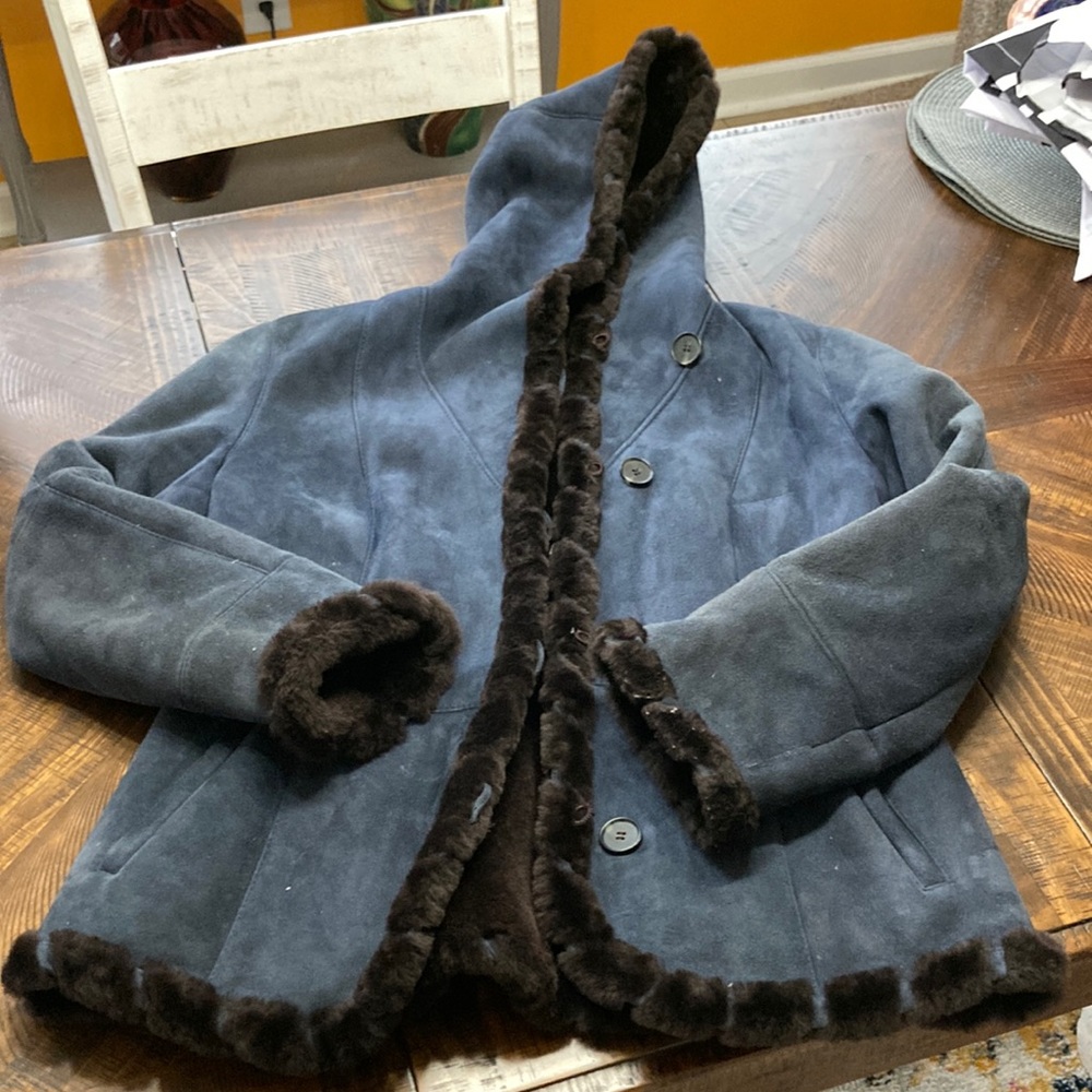 Sheepskin navy n brown hooded waist length jacket